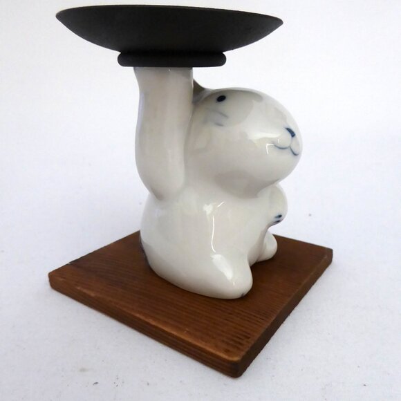 JAPAN JAPANESE CERAMIC BUNNY RABBIT TEA LIGHT CANDLE HOLDER STAND (NEW) - Picture 6 of 11
